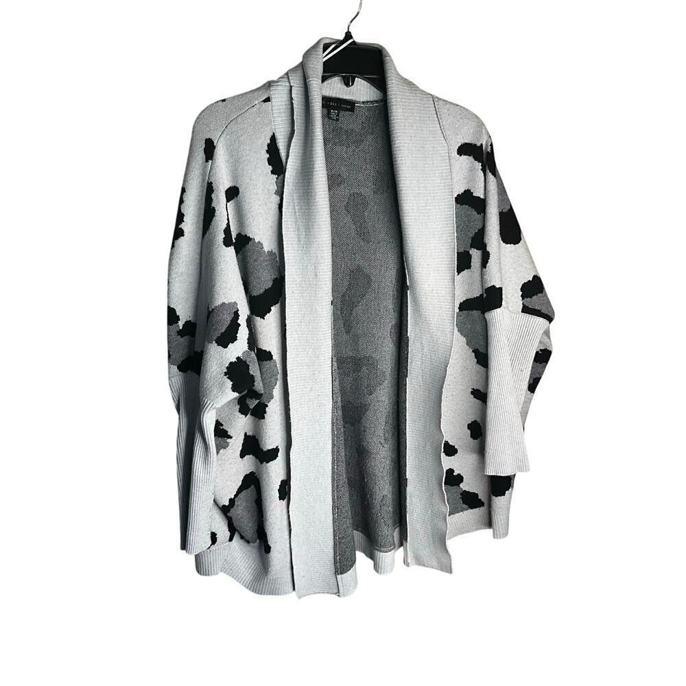 Joan Vass New York  Leopard Cardigan Knit Open Front Gray Black‎ Womens Medium